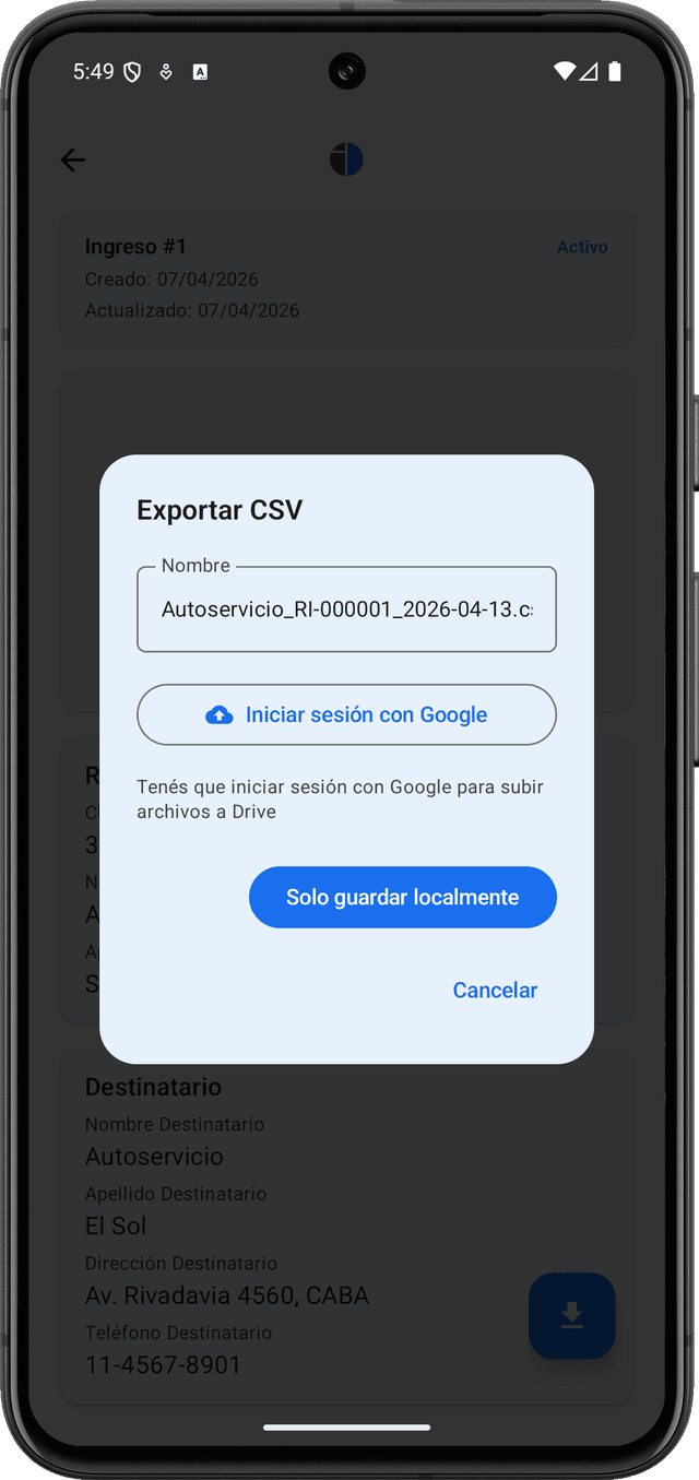 Pantalla de opciones para exportar datos