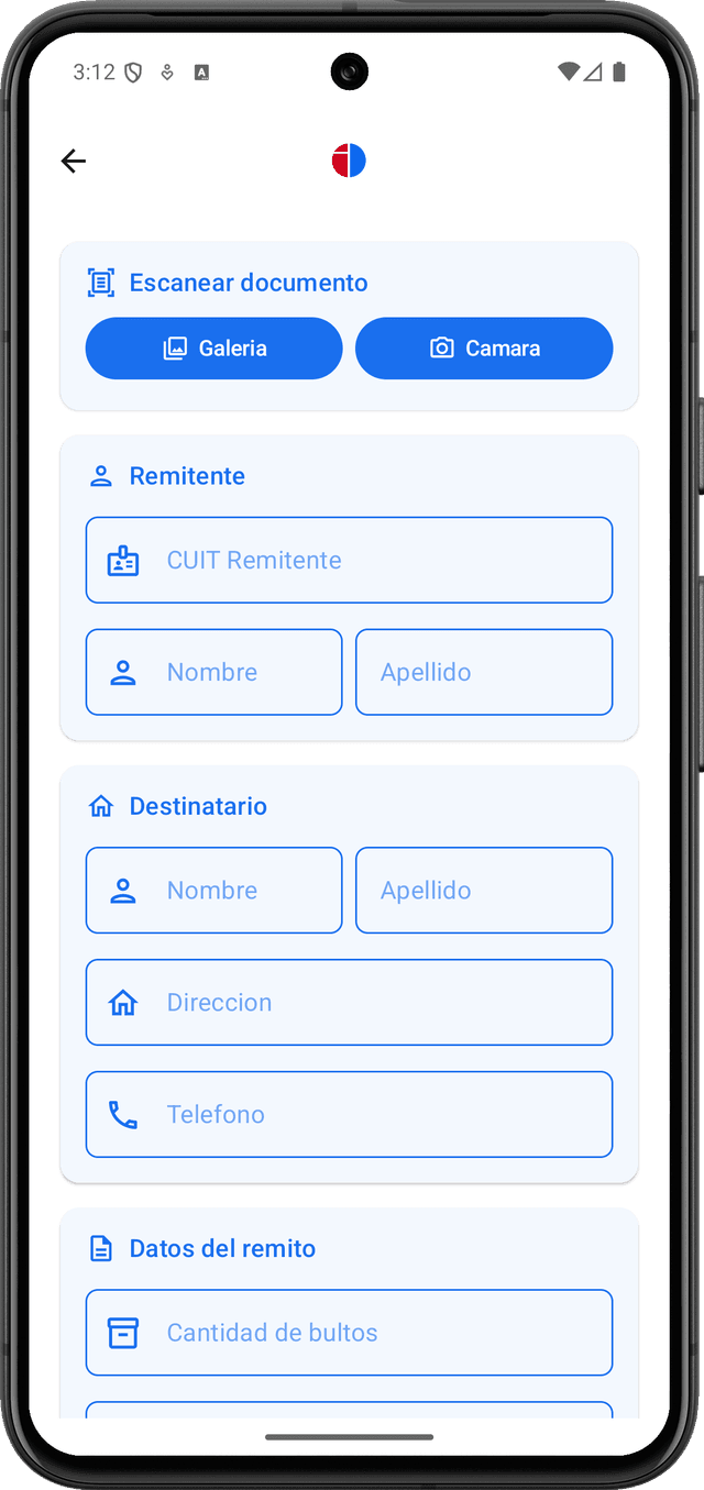 Pantalla de escaneo y carga de remitos
